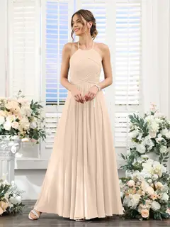 A-Line/Princess Halter Sleeveless Floor-Length Chiffon Bridesmaid Dresses with Ruched — view 23