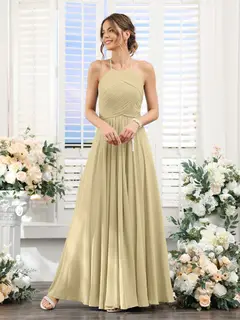 A-Line/Princess Halter Sleeveless Floor-Length Chiffon Bridesmaid Dresses with Ruched — view 24