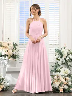 A-Line/Princess Halter Sleeveless Floor-Length Chiffon Bridesmaid Dresses with Ruched — view 25