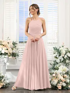 A-Line/Princess Halter Sleeveless Floor-Length Chiffon Bridesmaid Dresses with Ruched — view 26