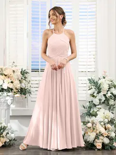 A-Line/Princess Halter Sleeveless Floor-Length Chiffon Bridesmaid Dresses with Ruched — view 27