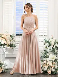 A-Line/Princess Halter Sleeveless Floor-Length Chiffon Bridesmaid Dresses with Ruched — view 28