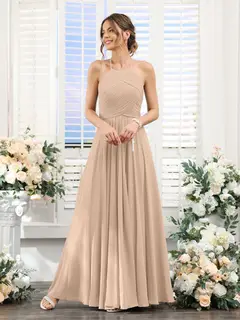 A-Line/Princess Halter Sleeveless Floor-Length Chiffon Bridesmaid Dresses with Ruched — view 29