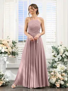 A-Line/Princess Halter Sleeveless Floor-Length Chiffon Bridesmaid Dresses with Ruched — view 30