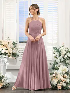 A-Line/Princess Halter Sleeveless Floor-Length Chiffon Bridesmaid Dresses with Ruched — view 31
