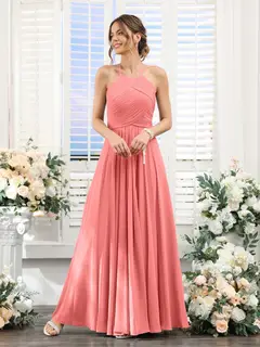 A-Line/Princess Halter Sleeveless Floor-Length Chiffon Bridesmaid Dresses with Ruched — view 32