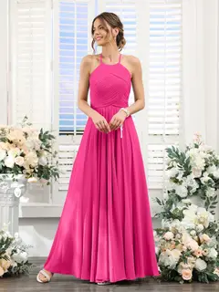 A-Line/Princess Halter Sleeveless Floor-Length Chiffon Bridesmaid Dresses with Ruched — view 33