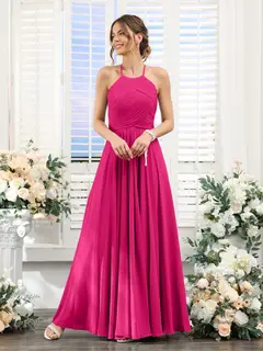 A-Line/Princess Halter Sleeveless Floor-Length Chiffon Bridesmaid Dresses with Ruched — view 34