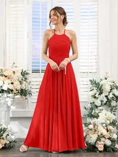 A-Line/Princess Halter Sleeveless Floor-Length Chiffon Bridesmaid Dresses with Ruched — view 36