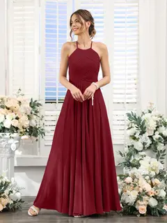 A-Line/Princess Halter Sleeveless Floor-Length Chiffon Bridesmaid Dresses with Ruched — view 37