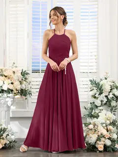 A-Line/Princess Halter Sleeveless Floor-Length Chiffon Bridesmaid Dresses with Ruched — view 38