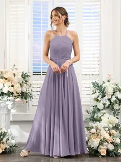 A-Line/Princess Halter Sleeveless Floor-Length Chiffon Bridesmaid Dresses with Ruched — view 39