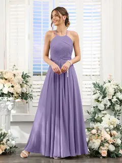 A-Line/Princess Halter Sleeveless Floor-Length Chiffon Bridesmaid Dresses with Ruched — view 41