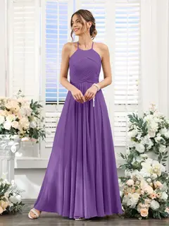 A-Line/Princess Halter Sleeveless Floor-Length Chiffon Bridesmaid Dresses with Ruched — view 42