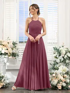 A-Line/Princess Halter Sleeveless Floor-Length Chiffon Bridesmaid Dresses with Ruched — view 43