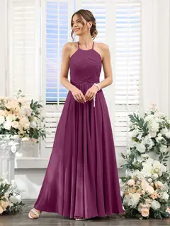 A-Line/Princess Halter Sleeveless Floor-Length Chiffon Bridesmaid Dresses with Ruched — view 44