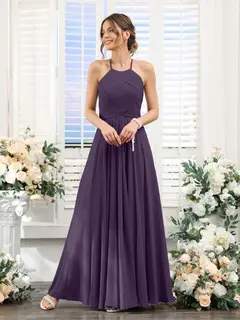 A-Line/Princess Halter Sleeveless Floor-Length Chiffon Bridesmaid Dresses with Ruched — view 45