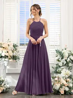 A-Line/Princess Halter Sleeveless Floor-Length Chiffon Bridesmaid Dresses with Ruched — view 46