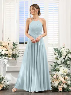 A-Line/Princess Halter Sleeveless Floor-Length Chiffon Bridesmaid Dresses with Ruched — view 47