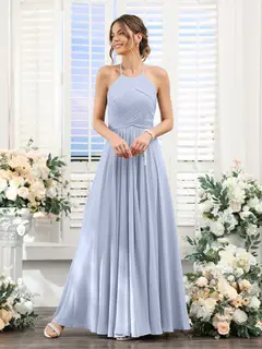 A-Line/Princess Halter Sleeveless Floor-Length Chiffon Bridesmaid Dresses with Ruched — view 48