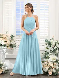 A-Line/Princess Halter Sleeveless Floor-Length Chiffon Bridesmaid Dresses with Ruched — view 49