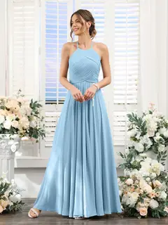 A-Line/Princess Halter Sleeveless Floor-Length Chiffon Bridesmaid Dresses with Ruched — view 50