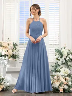A-Line/Princess Halter Sleeveless Floor-Length Chiffon Bridesmaid Dresses with Ruched — view 51