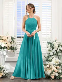 A-Line/Princess Halter Sleeveless Floor-Length Chiffon Bridesmaid Dresses with Ruched — view 52