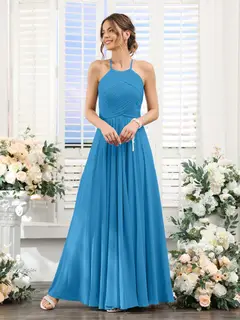 A-Line/Princess Halter Sleeveless Floor-Length Chiffon Bridesmaid Dresses with Ruched — view 53