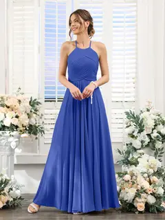 A-Line/Princess Halter Sleeveless Floor-Length Chiffon Bridesmaid Dresses with Ruched — view 54