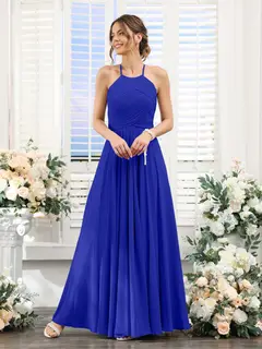A-Line/Princess Halter Sleeveless Floor-Length Chiffon Bridesmaid Dresses with Ruched — view 55