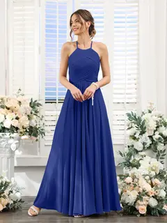 A-Line/Princess Halter Sleeveless Floor-Length Chiffon Bridesmaid Dresses with Ruched — view 56