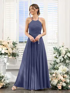 A-Line/Princess Halter Sleeveless Floor-Length Chiffon Bridesmaid Dresses with Ruched — view 57
