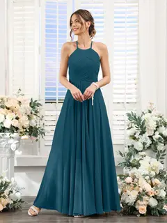 A-Line/Princess Halter Sleeveless Floor-Length Chiffon Bridesmaid Dresses with Ruched — view 58