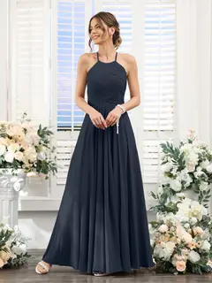 A-Line/Princess Halter Sleeveless Floor-Length Chiffon Bridesmaid Dresses with Ruched — view 59