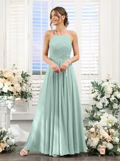A-Line/Princess Halter Sleeveless Floor-Length Chiffon Bridesmaid Dresses with Ruched — view 60
