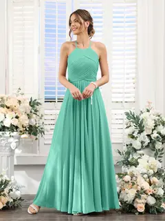 A-Line/Princess Halter Sleeveless Floor-Length Chiffon Bridesmaid Dresses with Ruched — view 62