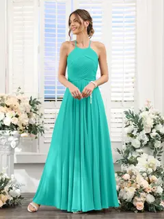 A-Line/Princess Halter Sleeveless Floor-Length Chiffon Bridesmaid Dresses with Ruched — view 63