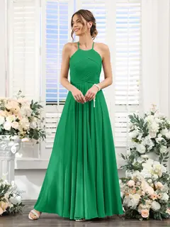 A-Line/Princess Halter Sleeveless Floor-Length Chiffon Bridesmaid Dresses with Ruched — view 64