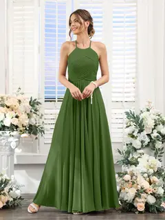 A-Line/Princess Halter Sleeveless Floor-Length Chiffon Bridesmaid Dresses with Ruched — view 65