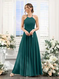 A-Line/Princess Halter Sleeveless Floor-Length Chiffon Bridesmaid Dresses with Ruched — view 66