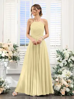 A-Line/Princess Halter Sleeveless Floor-Length Chiffon Bridesmaid Dresses with Ruched — view 68