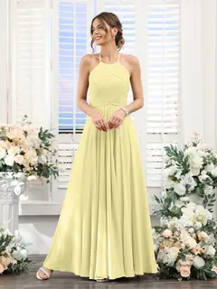 A-Line/Princess Halter Sleeveless Floor-Length Chiffon Bridesmaid Dresses with Ruched — view 69