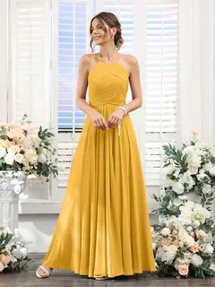 A-Line/Princess Halter Sleeveless Floor-Length Chiffon Bridesmaid Dresses with Ruched — view 70