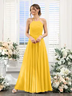 A-Line/Princess Halter Sleeveless Floor-Length Chiffon Bridesmaid Dresses with Ruched — view 71