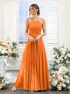 A-Line/Princess Halter Sleeveless Floor-Length Chiffon Bridesmaid Dresses with Ruched — view 72
