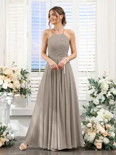 A-Line/Princess Halter Sleeveless Floor-Length Chiffon Bridesmaid Dresses with Ruched — view 73