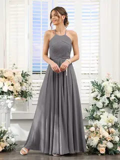 A-Line/Princess Halter Sleeveless Floor-Length Chiffon Bridesmaid Dresses with Ruched — view 74
