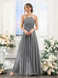 A-Line/Princess Halter Sleeveless Floor-Length Chiffon Bridesmaid Dresses with Ruched — view 75