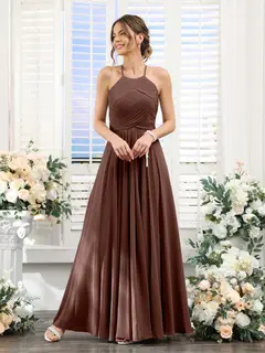 A-Line/Princess Halter Sleeveless Floor-Length Chiffon Bridesmaid Dresses with Ruched — view 76